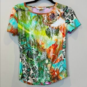 Peter Nygard Top Multi Color Iridescent Blouse Shirt Short Sleeve Petite Small